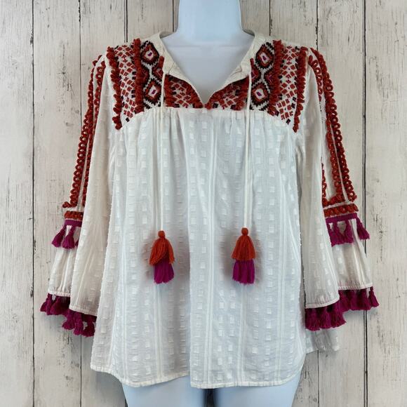 Chico's White/Orange Embroidered Tassel 3/4 Sleeve V-Neck Shirt Size 1P/Medium - Picture 1 of 12